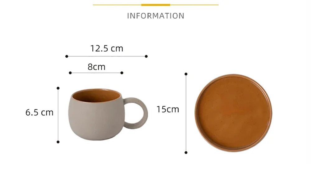 Measurement chart of a mug and coaster with dimensions labeled.