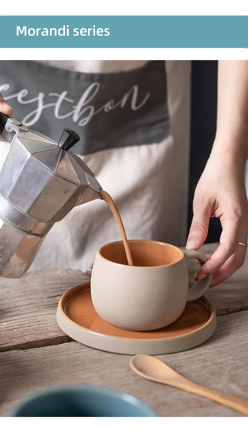 Person pouring coffee from a silver kettle into a beige mug on a wooden table, with 'Morandi series' text at the top.