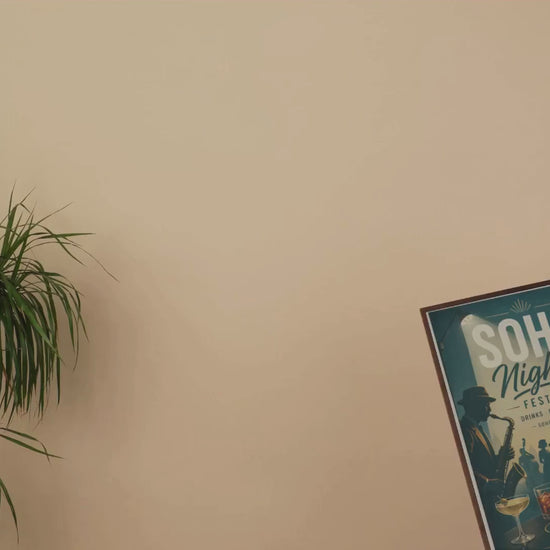 Video of a  Soho Nights Festival poster showing jazz nightlife and cocktail details