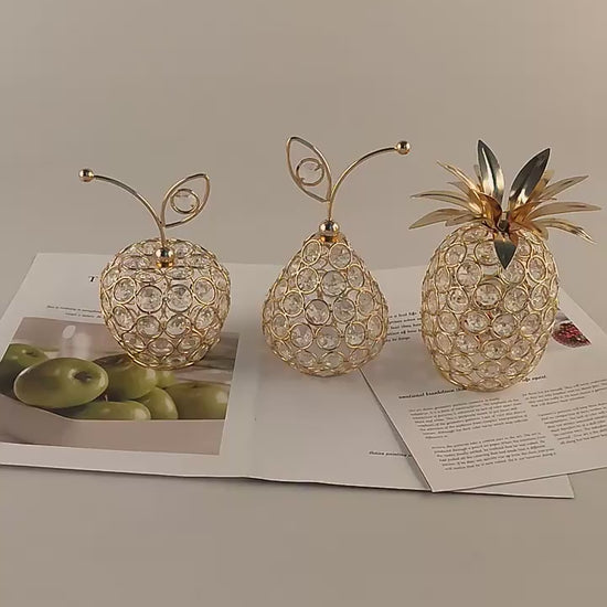 Video - Gold crystal fruit ornaments including apple, pineapple and pear design on table, decorative luxury home decor pieces with rhinestone detailing