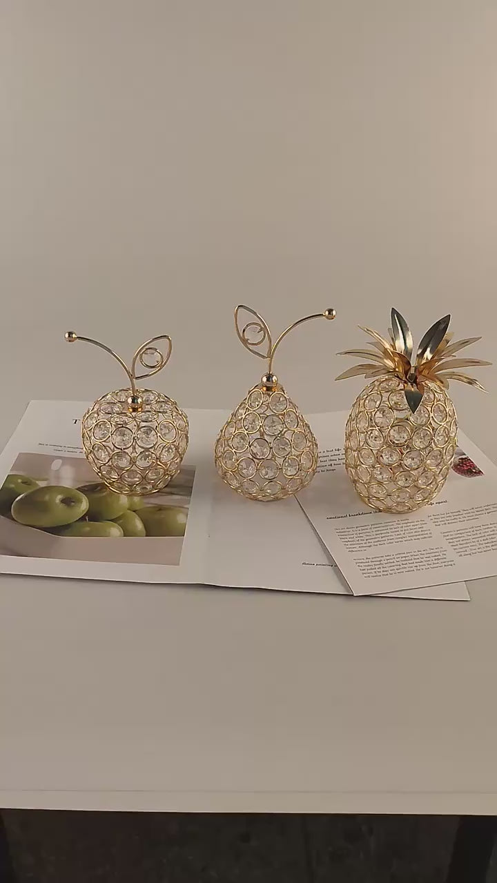 Video - Gold crystal fruit ornaments including apple, pineapple and pear design on table, decorative luxury home decor pieces with rhinestone detailing