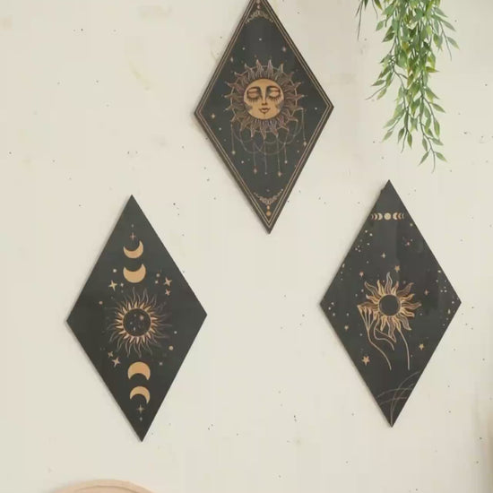 Video of Black wooden celestial wall art panels