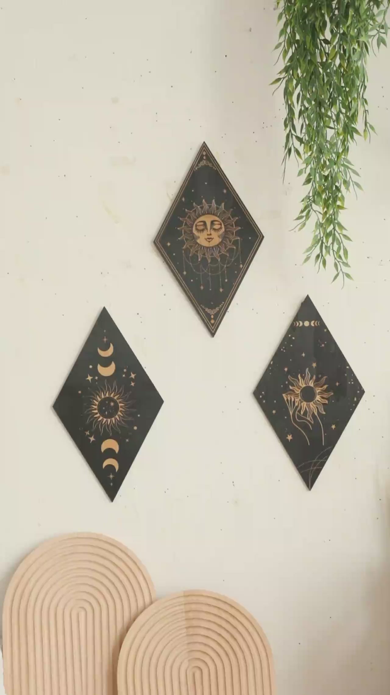 Video of Black wooden celestial wall art panels
