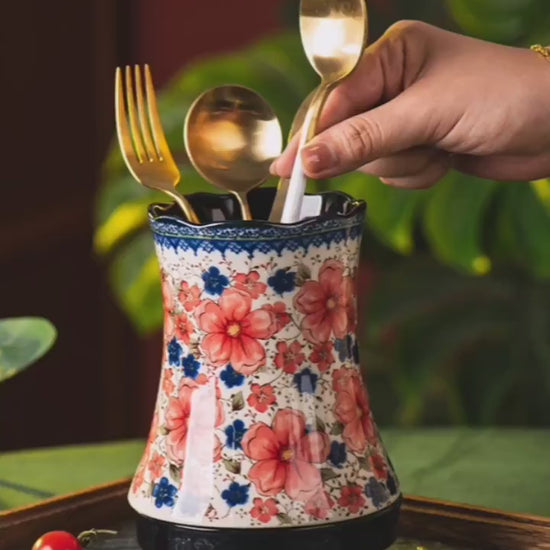 Video of Floral Ceramic Utensil Holder – Kitchen Cutlery Organiser