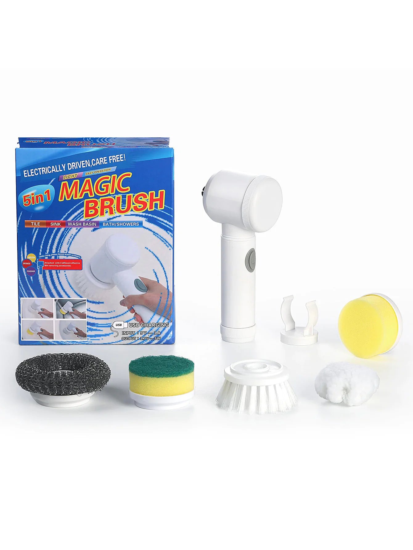 Magic multi-surface cleaning brush with 5 interchangeable scrubber heads shown cleaning kitchen, bathroom, dishes, and stove surfaces