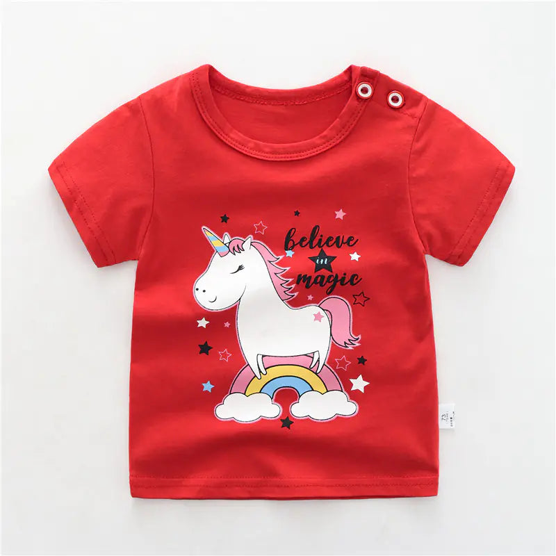 Red children's t-shirt with a unicorn graphic and text on a white background