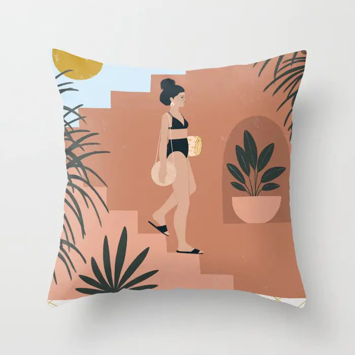 Decorative pillow with a woman in a swimsuit and plants on a peach background