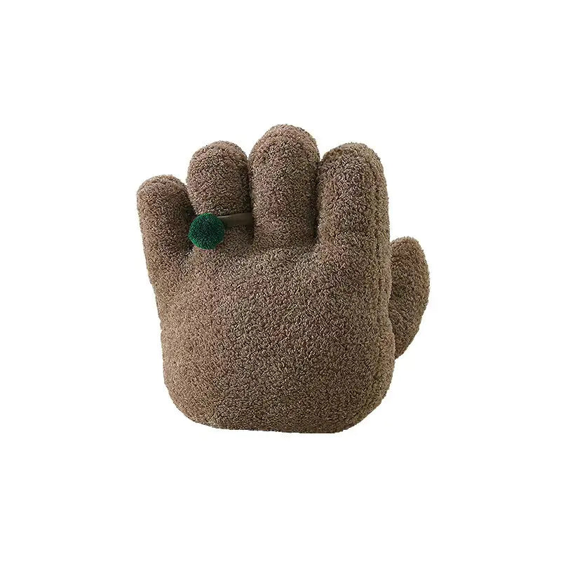 Brown fuzzy glove with a green pom-pom on a white background