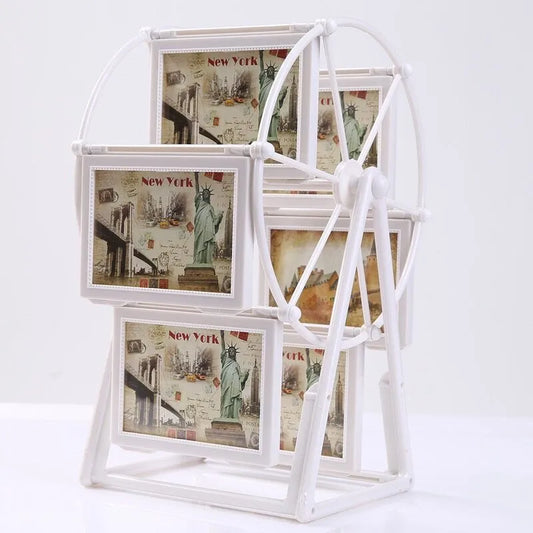 White photo spinner with multiple picture frames on a white background