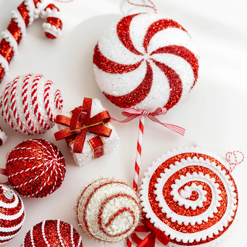 Red and white glitter-coated candy cane foam ornament for Christmas tree decoration with festive sparkle finish