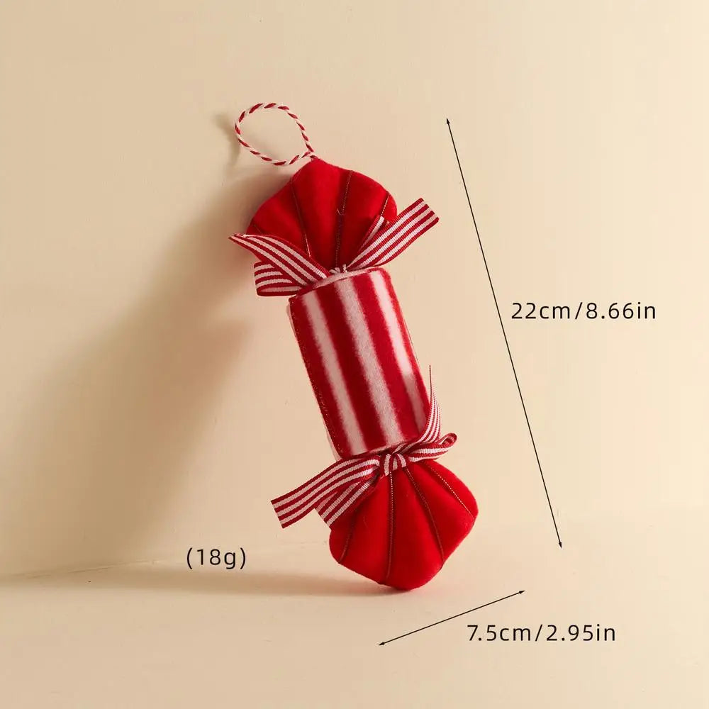 Red cylindrical product with striped bow and measurements on a beige background