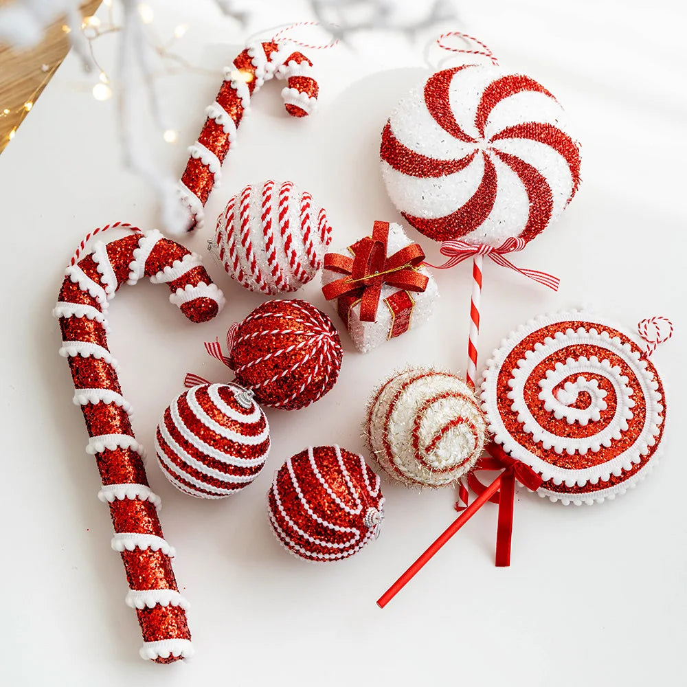 Red and white Christmas ornaments including candy canes and lollipops on a light background.
