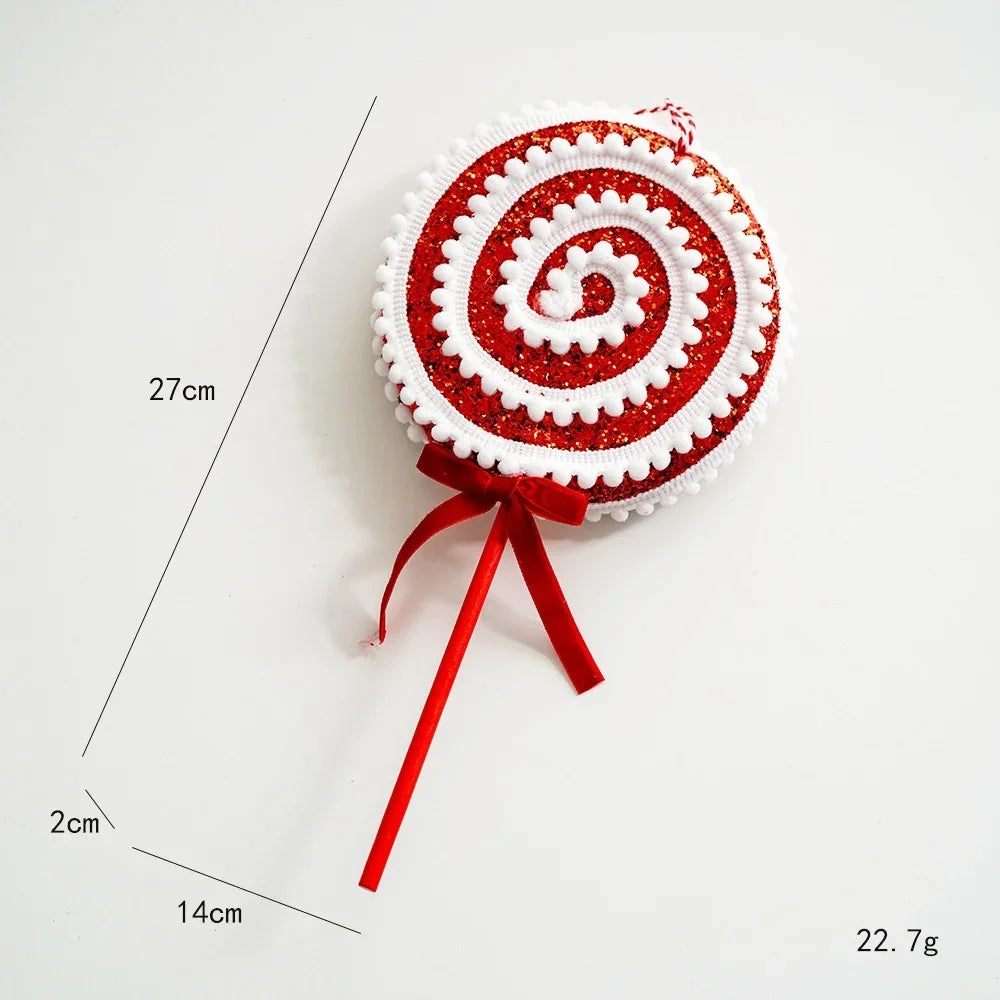 Red and white spiral decorative item with measurements on a light gray background