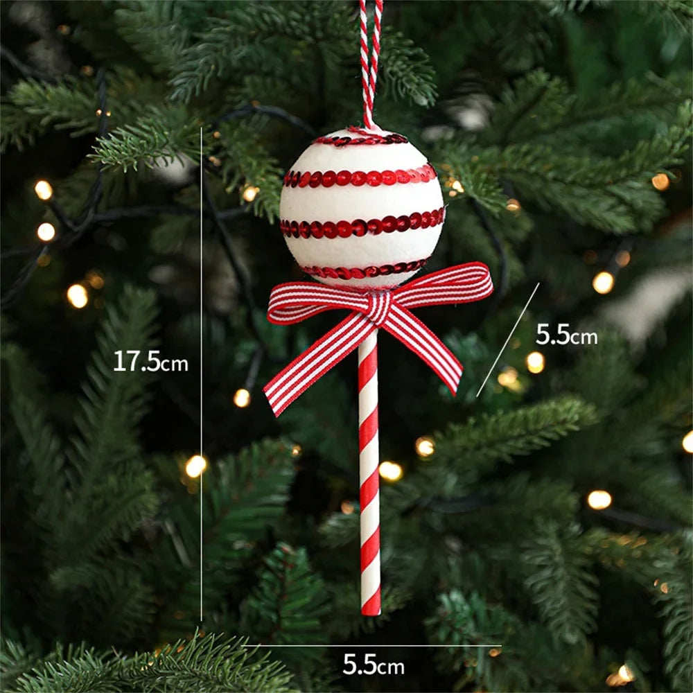 Decorative Christmas ornament with a candy cane and red bow on a tree, with measurements indicated.