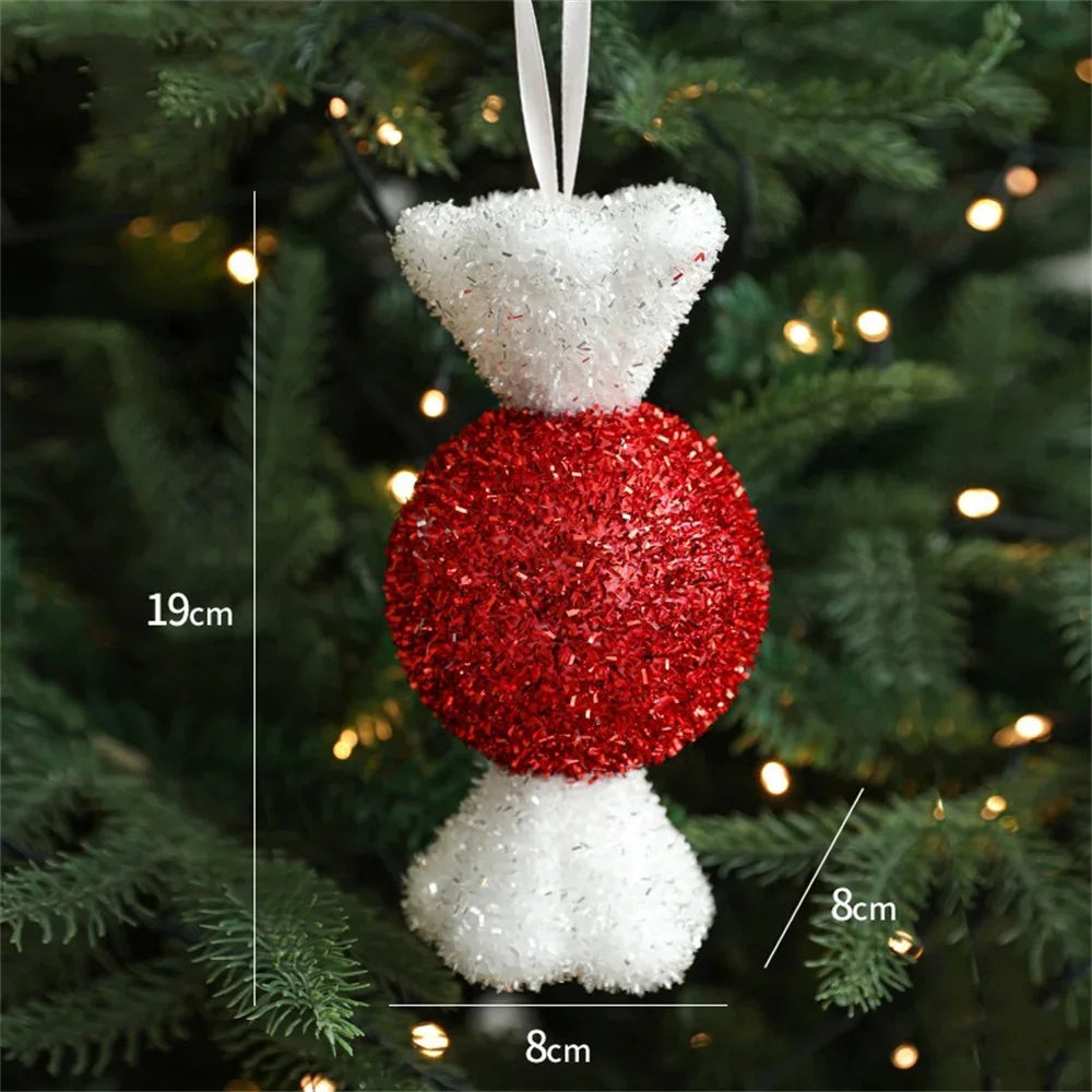 Red and white Christmas ornament on a tree with measurements