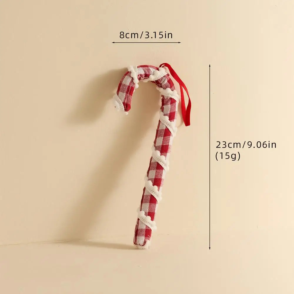 Red and white checkered candy cane with measurements on a beige background
