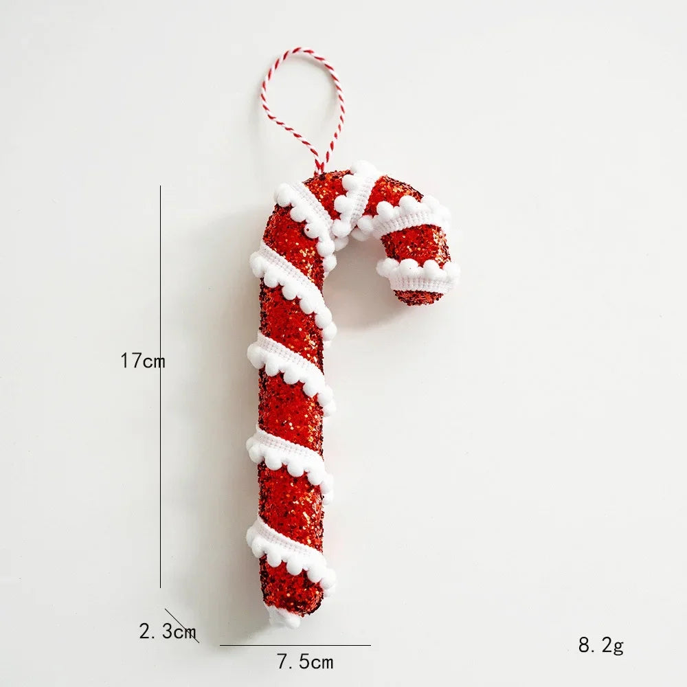 Decorative candy cane ornament with measurements on a white background