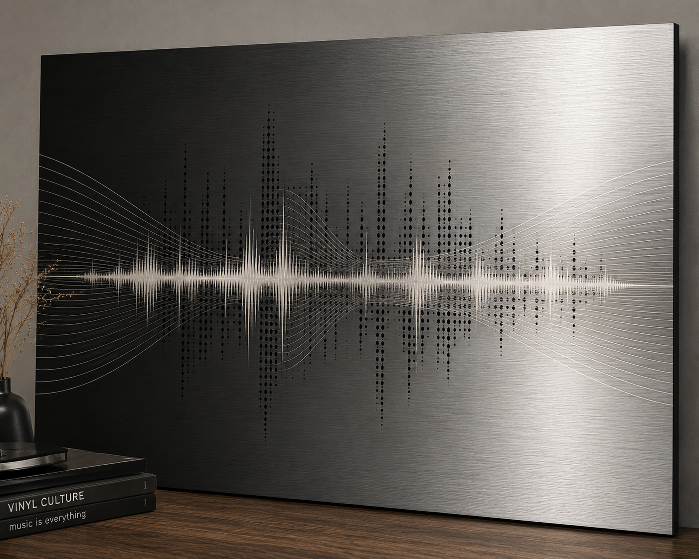 Close-up angled view of abstract soundwave artwork printed on an aluminium metal panel, showing the black-to-silver design.