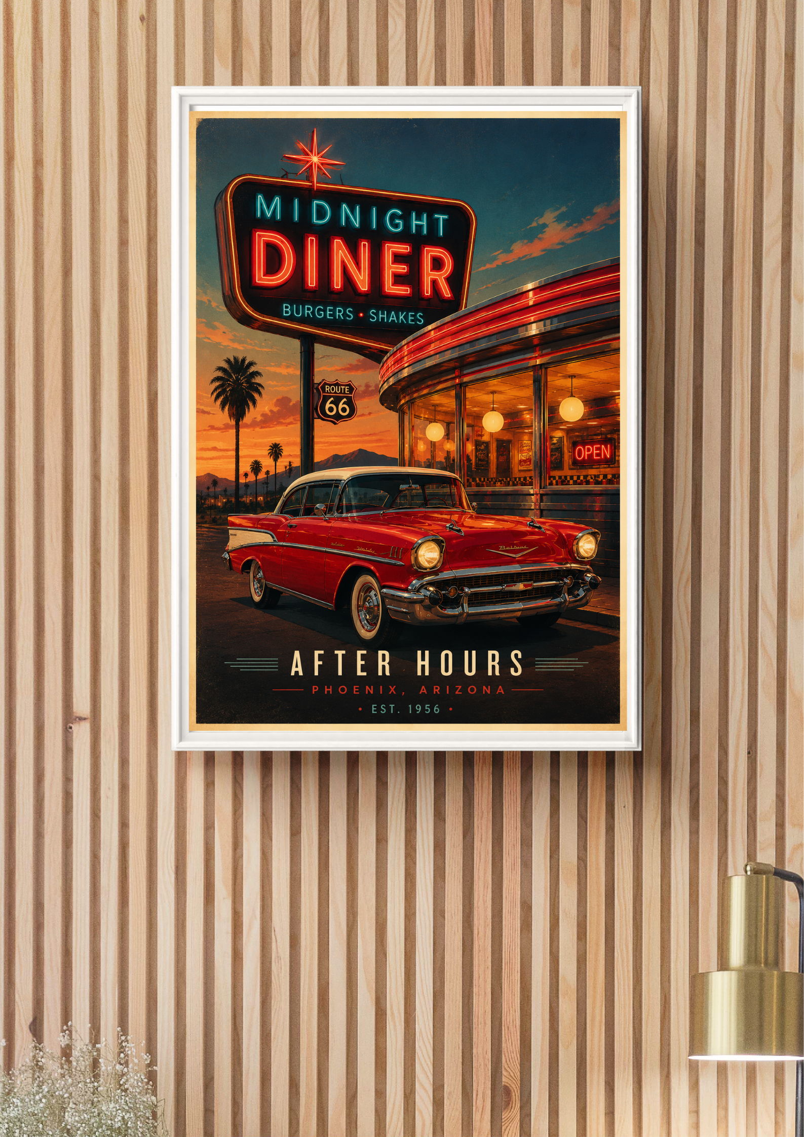 Framed poster of a diner with a red car and 'Midnight Diner' sign on a striped wall.