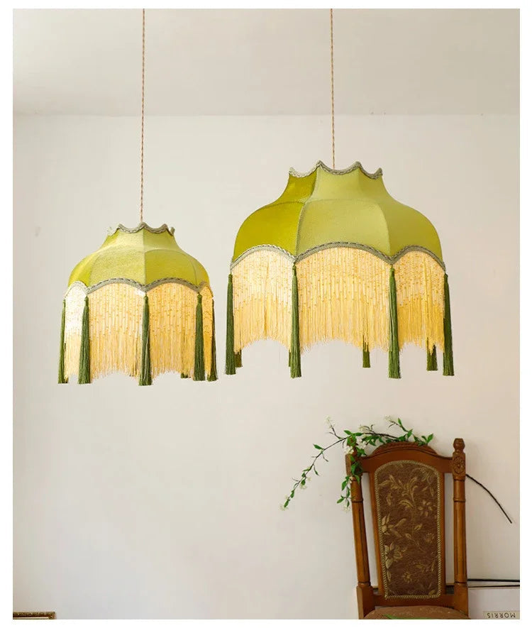 Retro green velvet tassel pendant light with brass finish, French-style chandelier for bedroom or dining room.