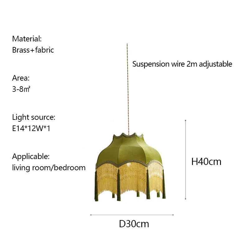 Green pendant lamp with specifications on a white background