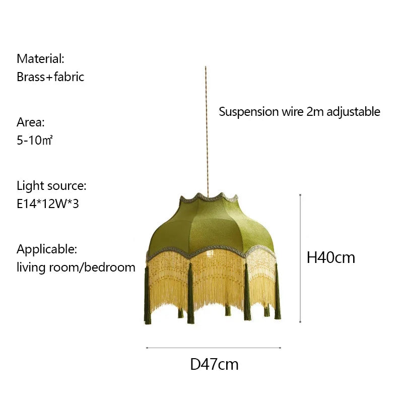 Green pendant lamp with specifications on a white background