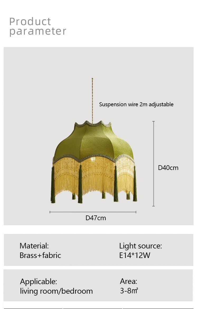 Green pendant lamp with dimensions and material details on a gray background