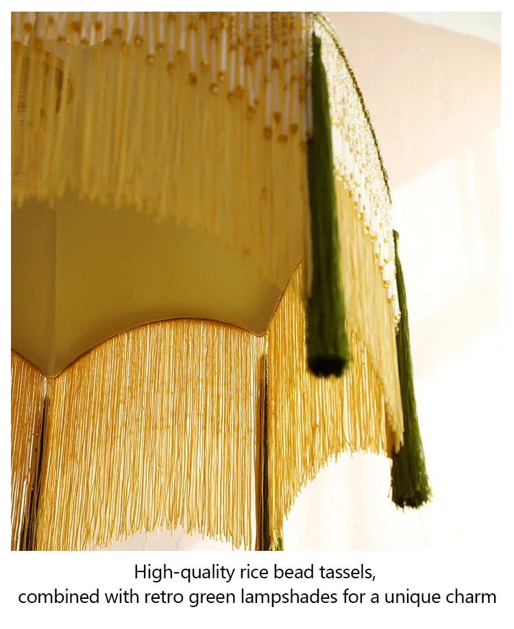 Decorative lamp with high-quality rice bead tassels and retro green lampshades.