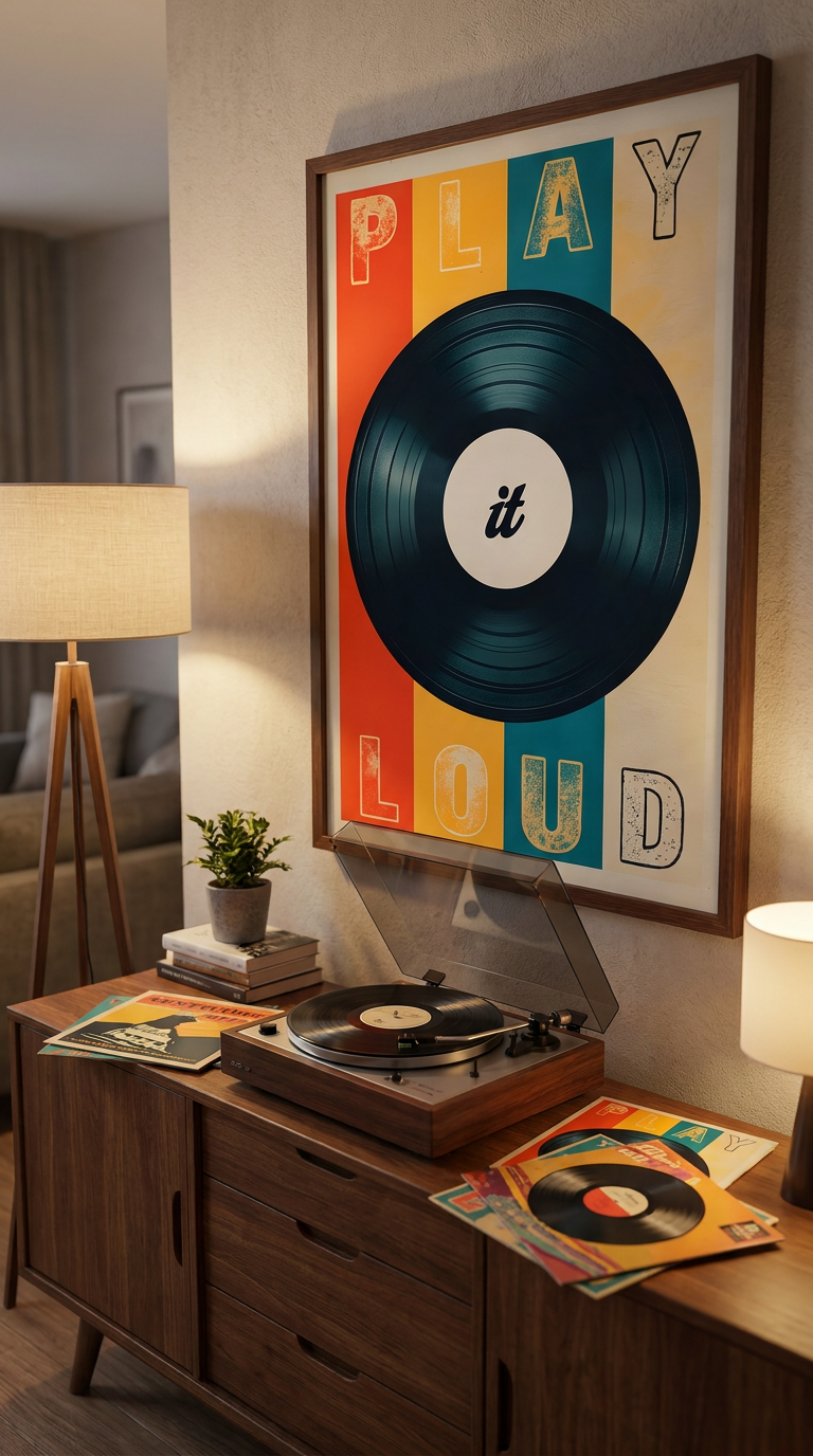 Record player with vinyl records and a colorful 'Play It Loud' poster in a living room.