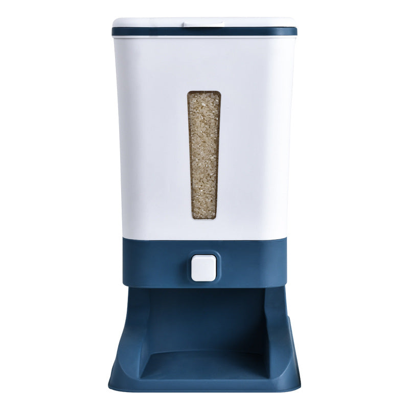 White and blue pet feeder with a food compartment on a white background