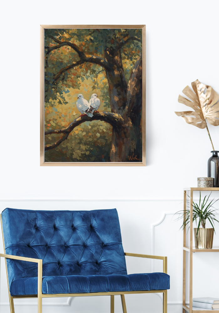 Framed artwork of two white doves on a branch above a blue chair in a room.