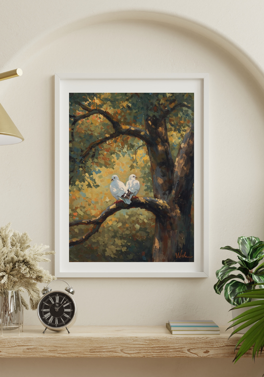 Framed painting of two white doves on a branch with a tree in the background, displayed on a wall above a shelf.