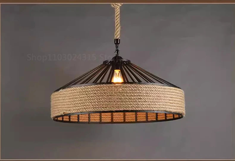 Rustic pendant light with woven design on a dark background