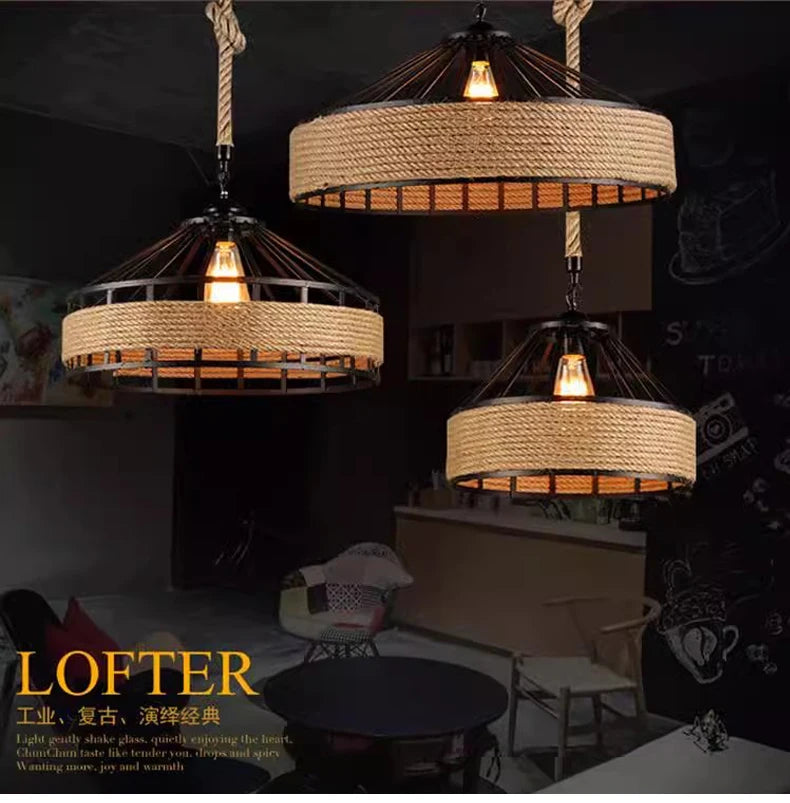 Three woven pendant lights hanging in a room with 'LOFTER' branding.