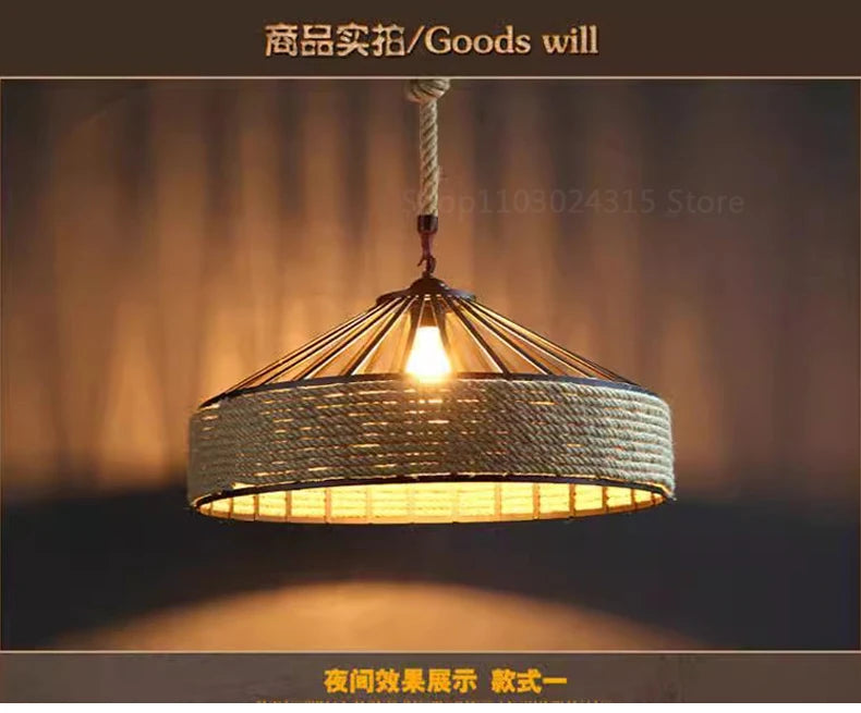 Woven pendant light with a warm glow against a blurred background