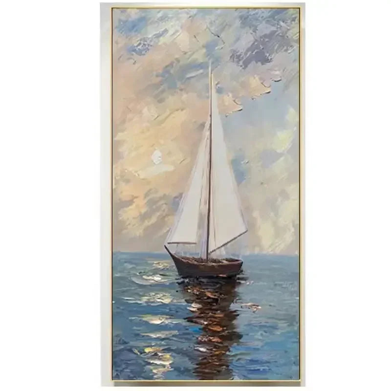 Painting of a sailboat on water with a colorful sky