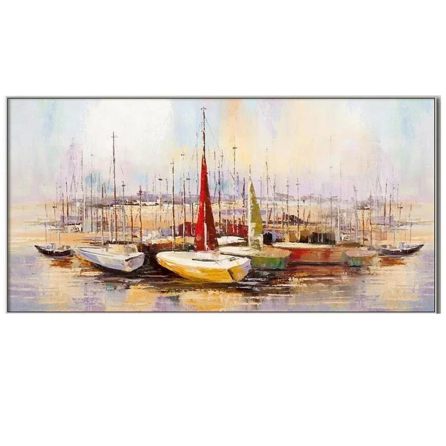 Painting of sailboats docked at a marina with a colorful sky.