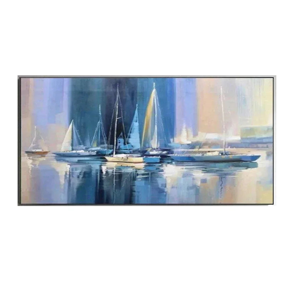 Framed artwork of sailboats on a reflective water surface with a blurred background