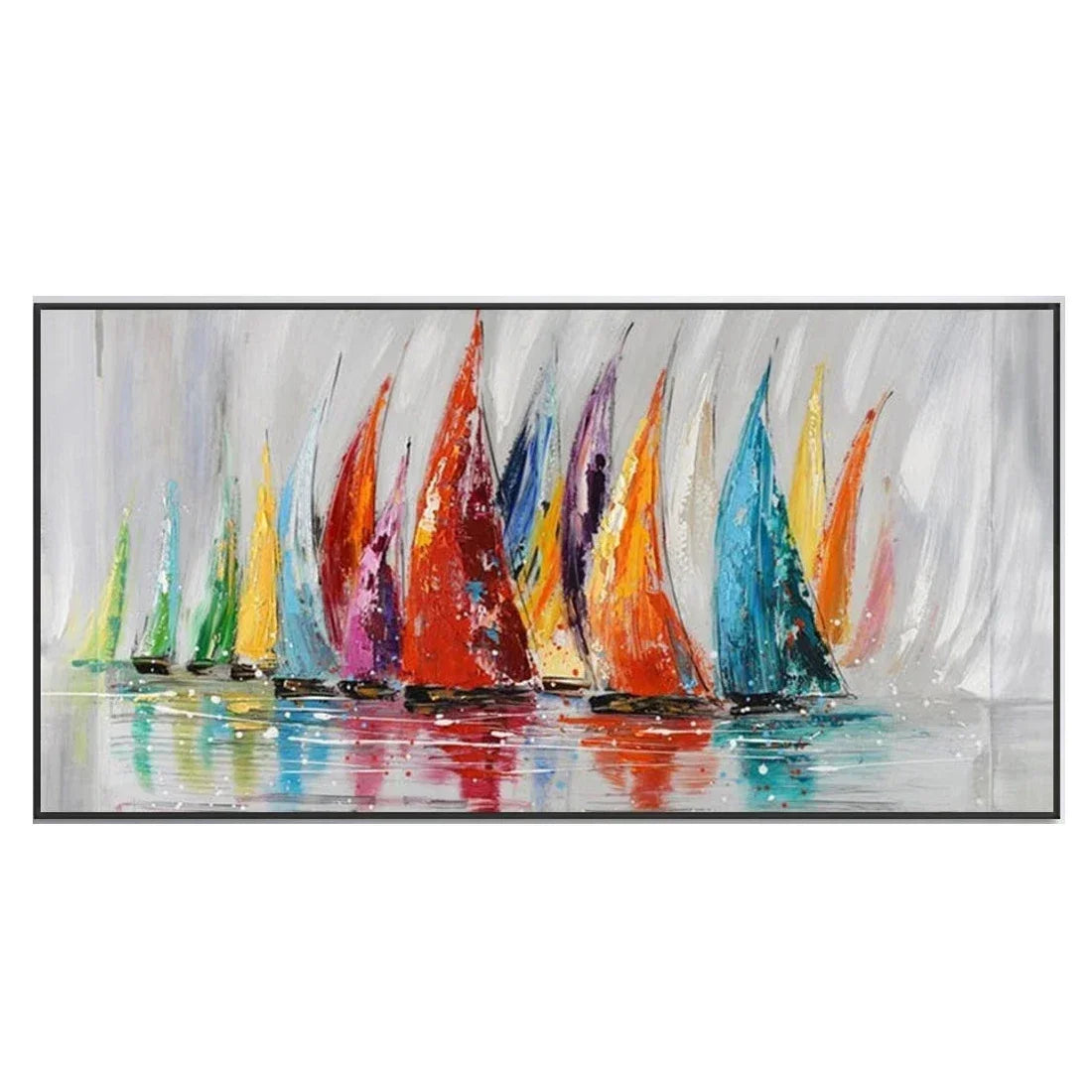 Abstract painting of colorful sailboats on a white background