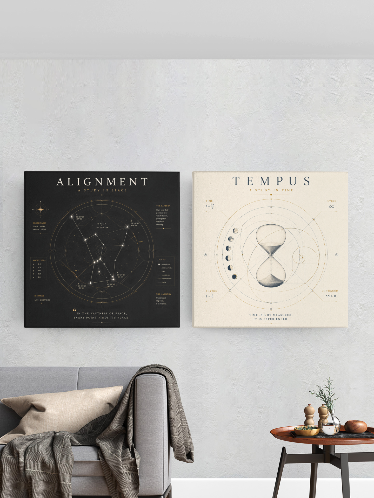 Modern constellation wall art displayed in a stylish living room featuring the black Alignment astronomy poster.