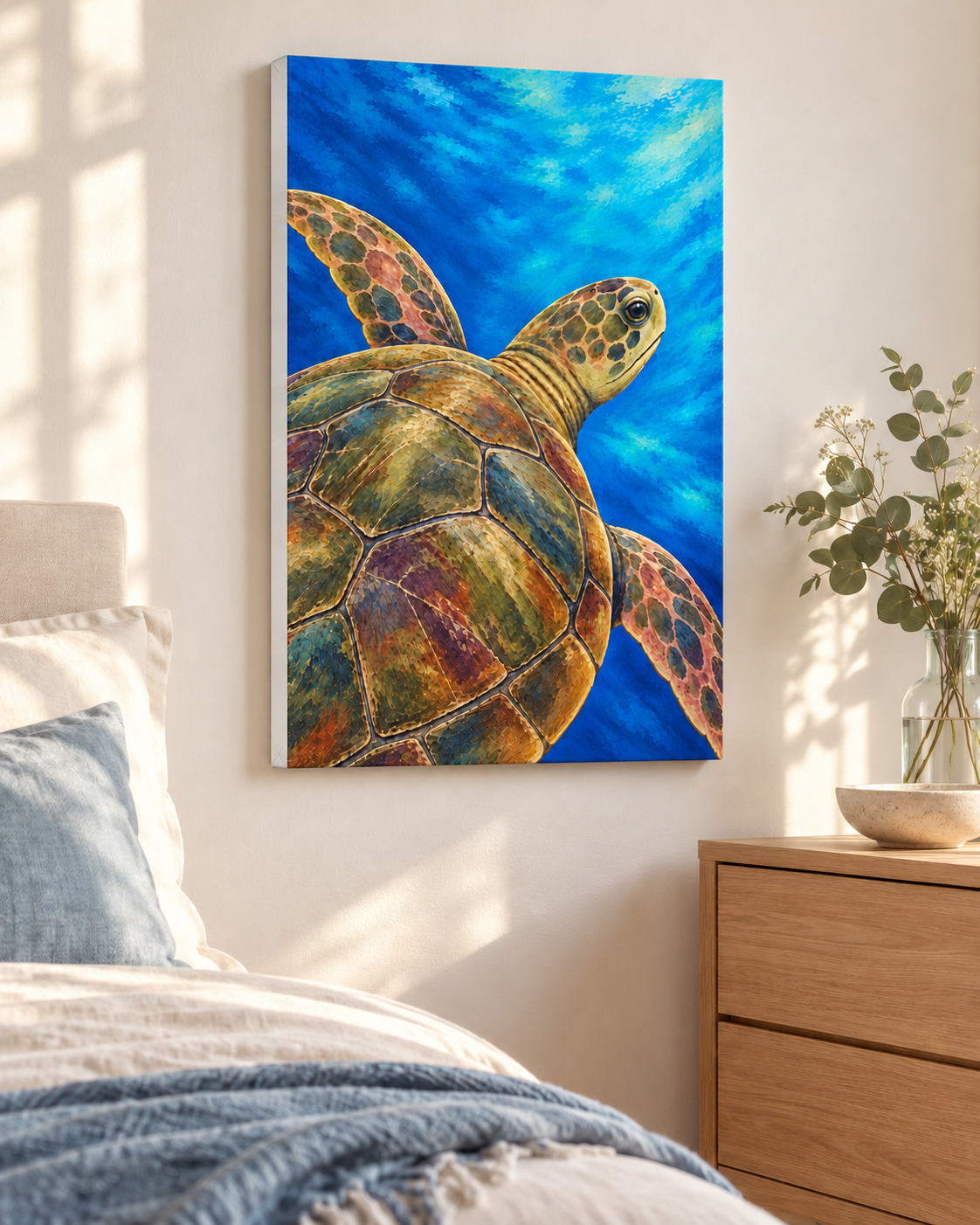 A vertical canvas wall art print depicting a sea turtle swimming underwater in vibrant blue tones, styled on a bedroom wall above a bed with a wooden nightstand and vase of eucalyptus.