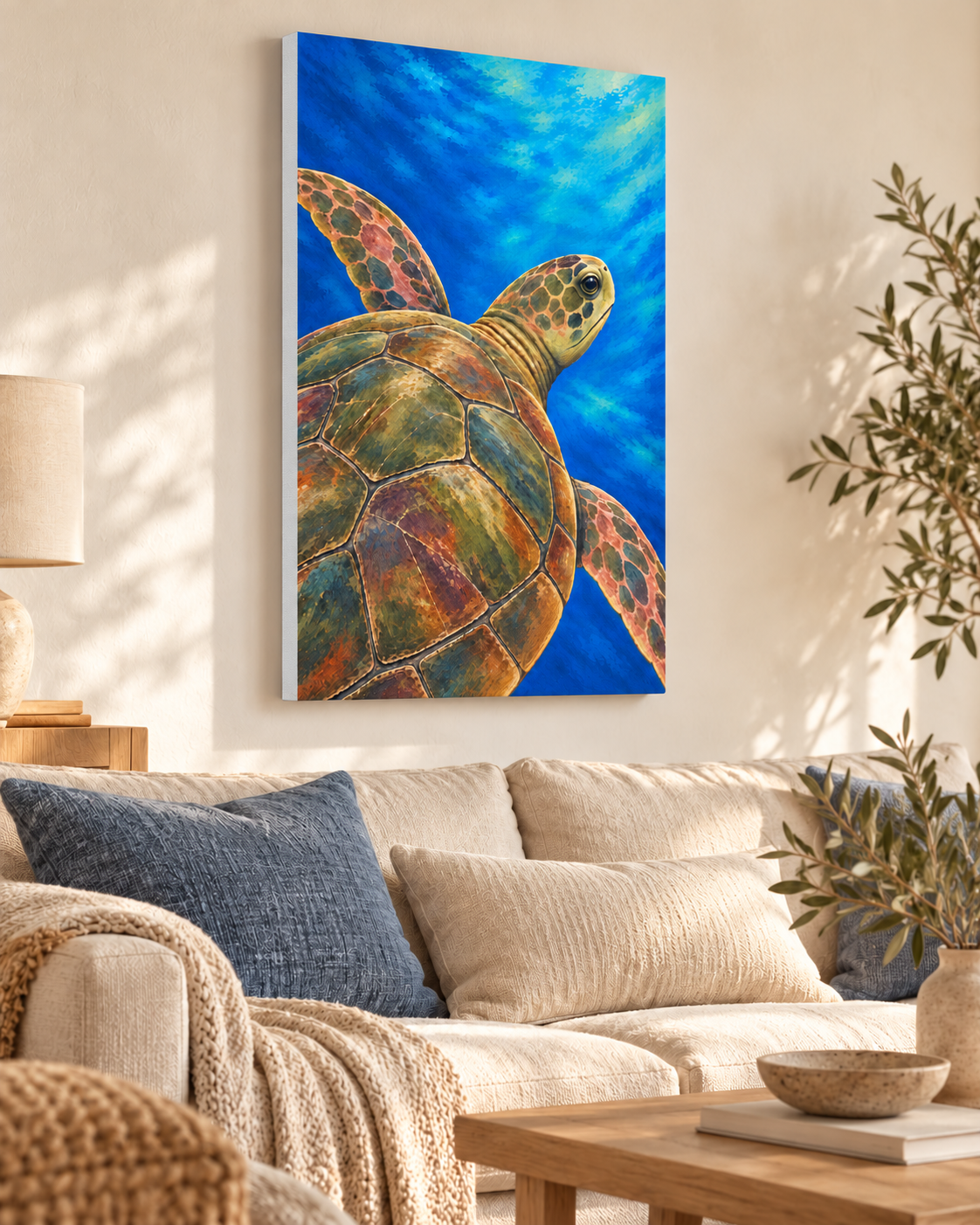 A vertical canvas wall art print depicting a sea turtle swimming underwater in vibrant blue tones, styled in a modern living room setting above a beige sofa with blue pillows.
