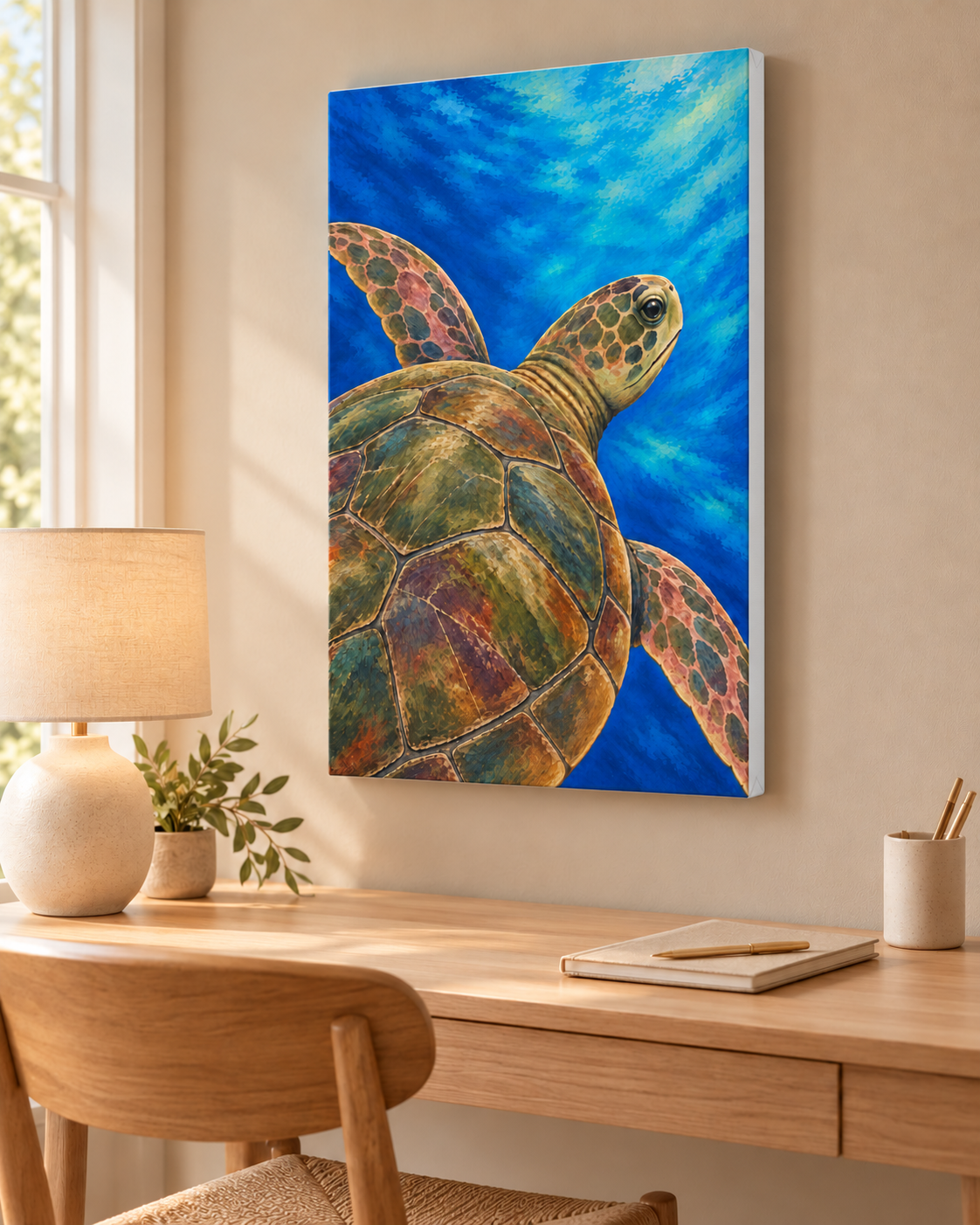 A vertical canvas wall art print depicting a colorful sea turtle swimming underwater in vibrant blue water, shown hanging on a beige wall above a wooden desk in a styled room.