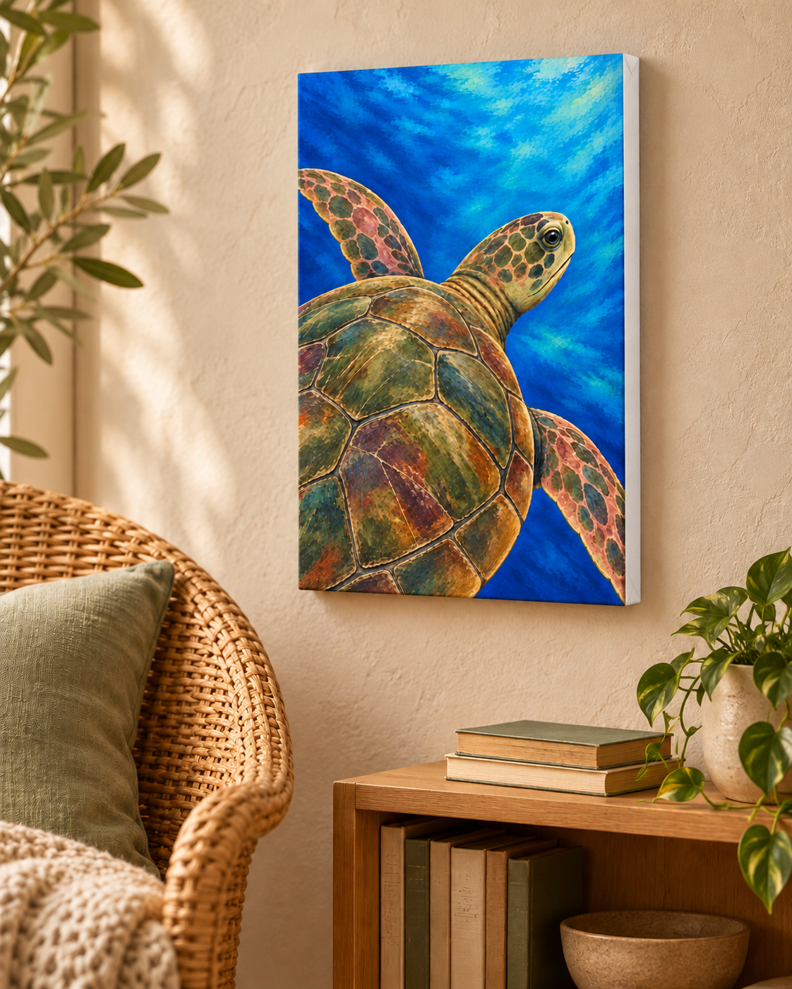 A vertical canvas wall art print depicting a sea turtle swimming underwater in vibrant blue water, styled in a cozy room setting next to a wicker chair and a wooden shelf.