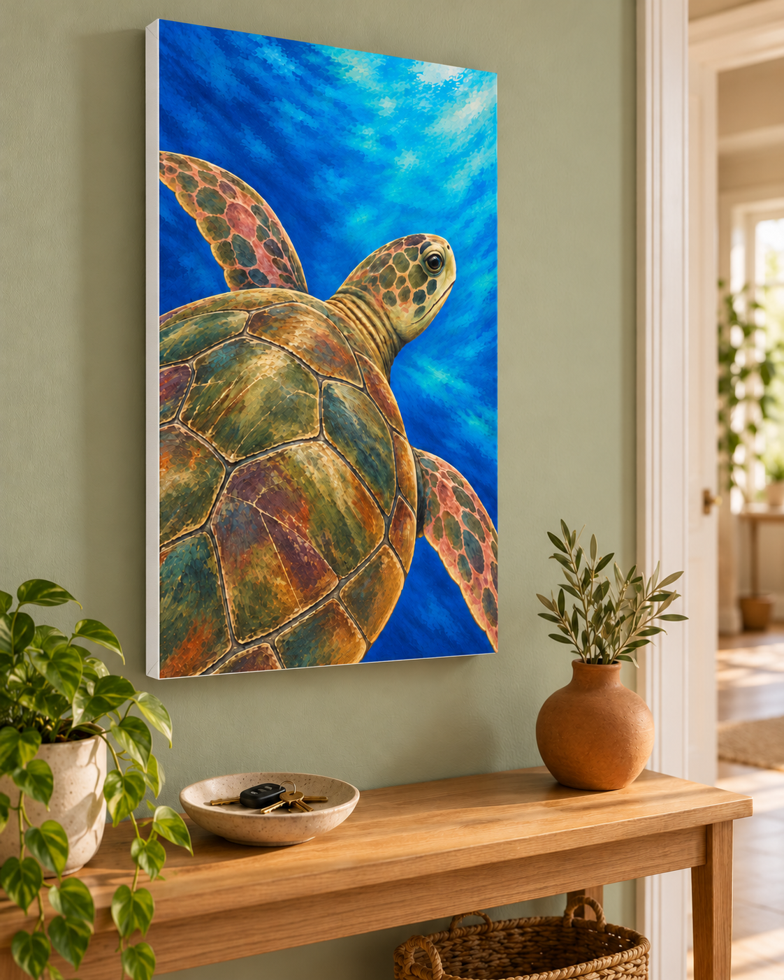 A vertical canvas wall art print depicting a sea turtle swimming underwater in vibrant blue and green tones, shown hanging on a sage green wall above a wooden console table with plants.