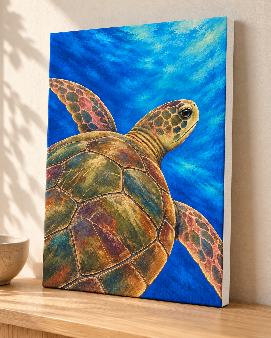A vertical canvas wall art print depicting a sea turtle swimming underwater in vibrant blue water, shown leaning against a beige wall on a wooden surface.