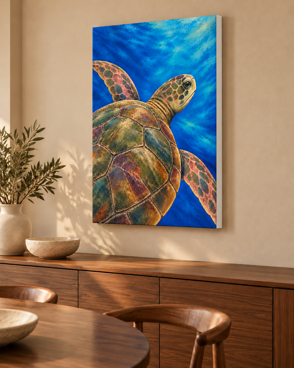 A vertical canvas wall art print depicting a sea turtle swimming underwater in vibrant blue tones, styled on a beige wall above a wooden credenza in a dining room setting.