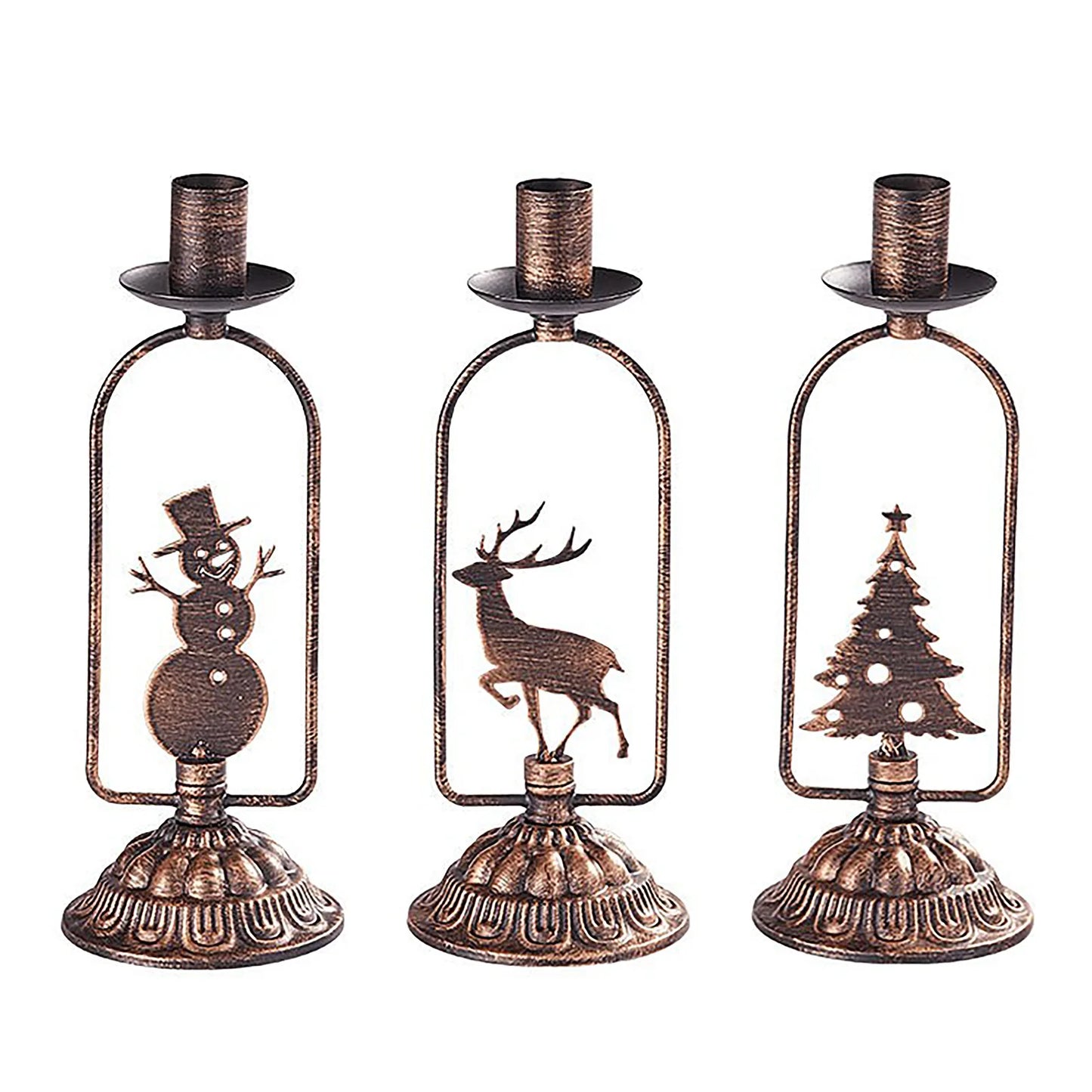 Set of three decorative candle holders with Christmas-themed designs on a white background
