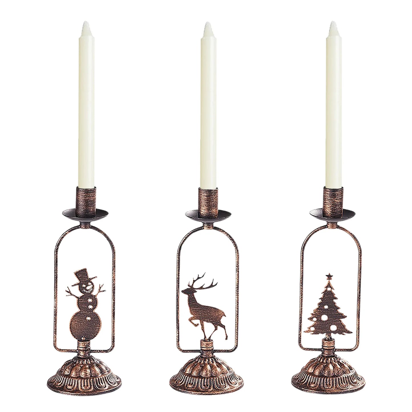 Three decorative candle holders with Christmas-themed designs on a white background
