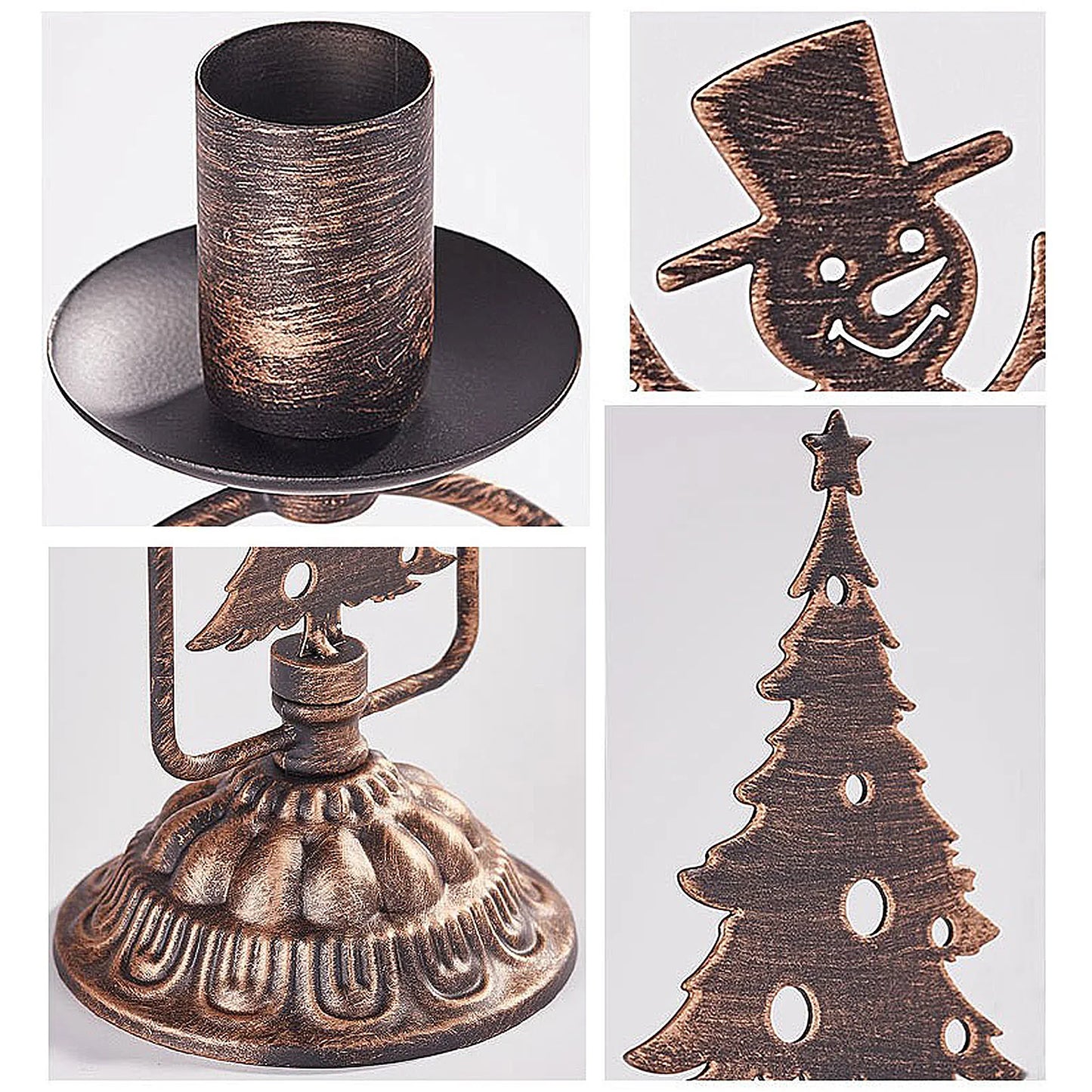 Collection of bronze decorative items including a candle holder, snowman, and Christmas tree on a white background.